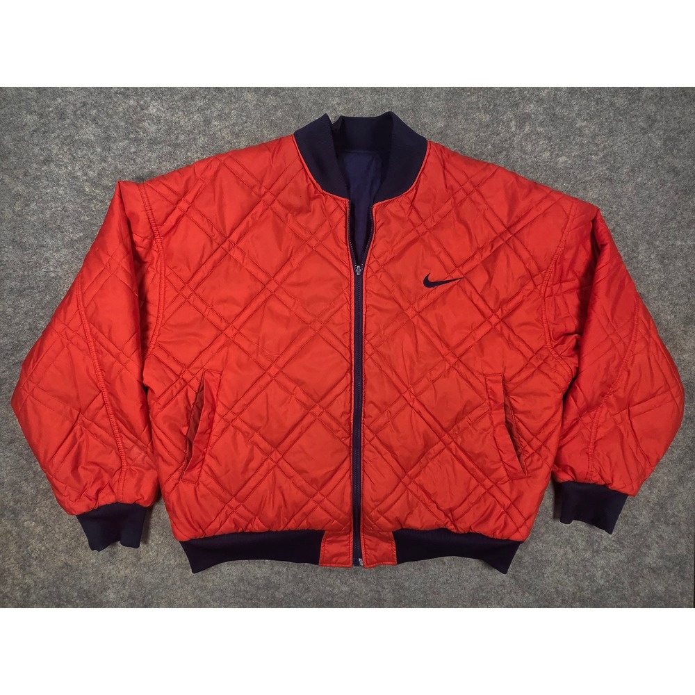 Vintage 90s Nike Reversible Quilted Puffer Bomber Jacket Red Blue Mens XL *Read*